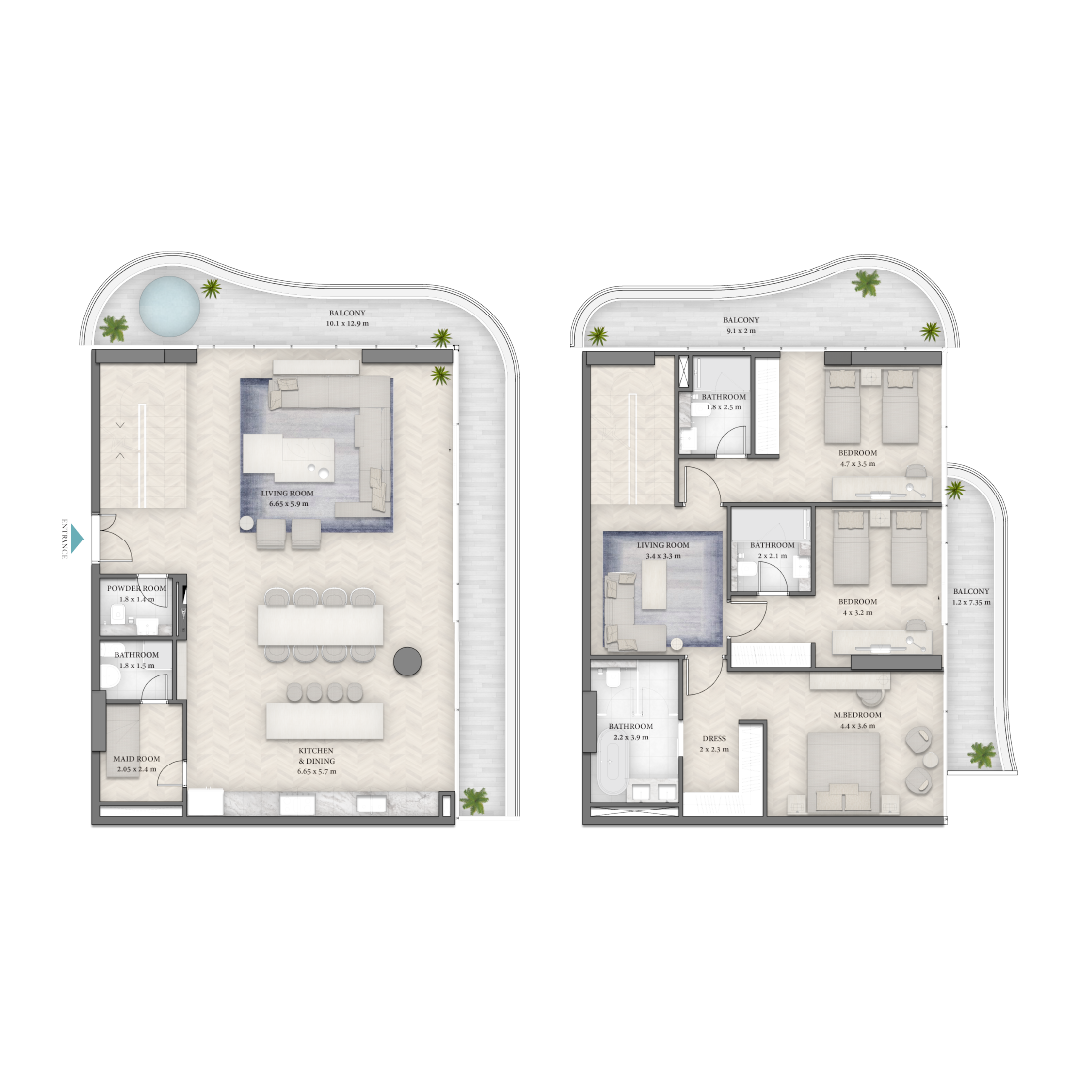 Beach Walk 4 By Imtiaz Floor plan showcasing a spacious living area, kitchen, bedrooms, and balconies with modern design elements.